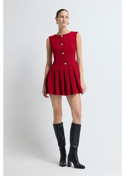 Pileli Kolsuz Elbise Kirmizi 12445939000 fırsatları