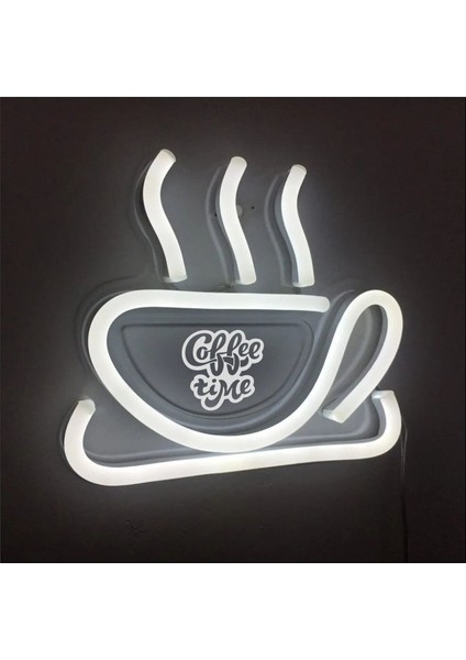 Coffee Time Yazılı Fincan Figürlü Neon LED Tabela Tablo Gece Aydınlatma Duvar Dekoru