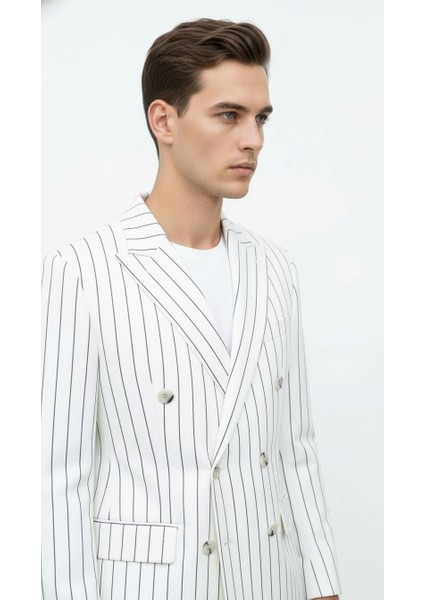 Beyaz Çizgili Erkek Kruvaze Blazer Ceket – Italyan Kesim, Modern ve Zarif Şıklık fırsatları