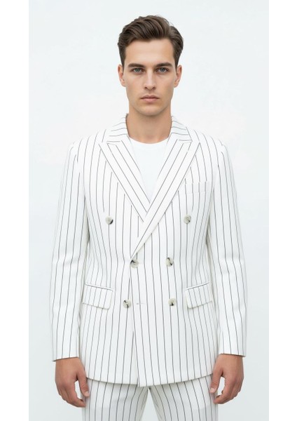 Beyaz Çizgili Erkek Kruvaze Blazer Ceket – Italyan Kesim, Modern ve Zarif Şıklık indirimleri
