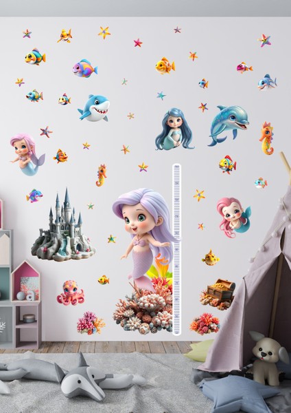 Deniz Kızı Temalı Boy Ölçerli Duvar Sticker Seti | Çocuk Odası Dekoru | Mat Yüzey, Kolay Uygulama, Sökülebilir