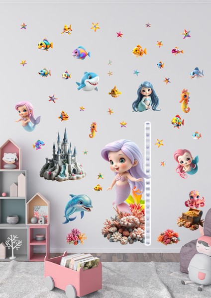 Deniz Kızı Temalı Boy Ölçerli Duvar Sticker Seti | Çocuk Odası Dekoru | Mat Yüzey, Kolay Uygulama, Sökülebilir fiyatları