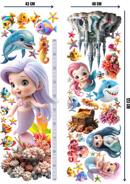 Deniz Kızı Temalı Boy Ölçerli Duvar Sticker Seti | Çocuk Odası Dekoru | Mat Yüzey, Kolay Uygulama, Sökülebilir modelleri
