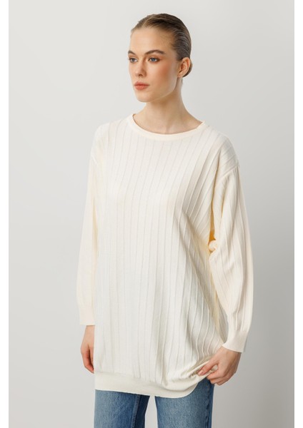 Çizgi Desen Pamuklu Triko Tunik-Krem
