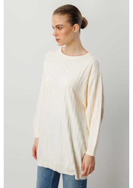 Çizgi Desen Pamuklu Triko Tunik-Krem fiyatları