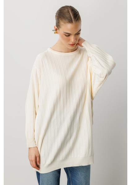 Çizgi Desen Pamuklu Triko Tunik-Krem modelleri