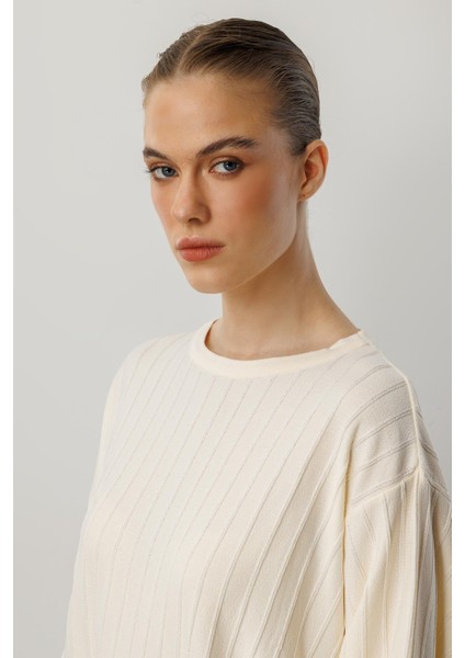 Çizgi Desen Pamuklu Triko Tunik-Krem fırsatları