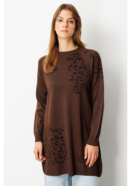 Reglan Kol Leopar Desenli Triko Tunik-Kahve