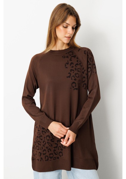 Reglan Kol Leopar Desenli Triko Tunik-Kahve fiyatları