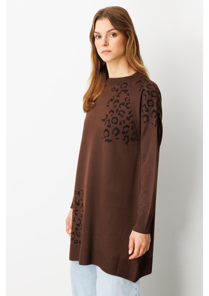 Reglan Kol Leopar Desenli Triko Tunik-Kahve modelleri