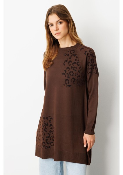 Reglan Kol Leopar Desenli Triko Tunik-Kahve fırsatları