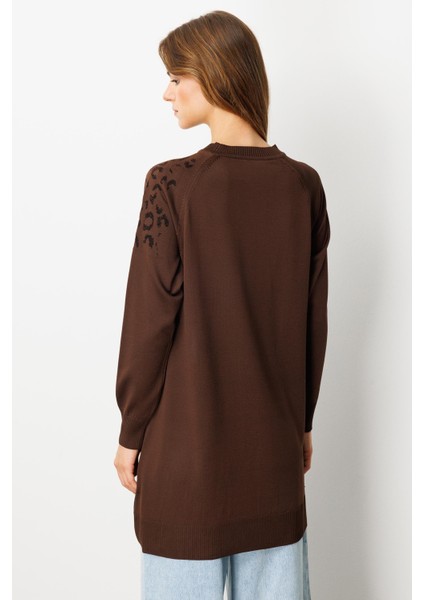 Reglan Kol Leopar Desenli Triko Tunik-Kahve