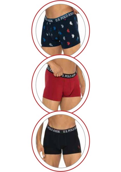 U.s Polo Assn. 80528 Erkek Pamuklu 3'lü Boxer-Siyah&bordo&baskılı