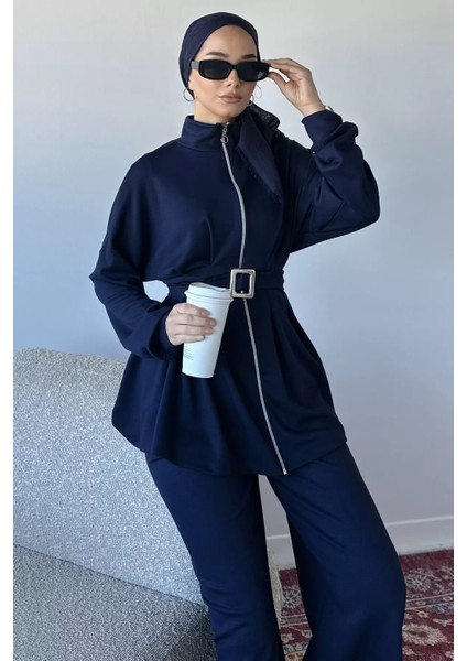 Ön Fermuarlı Pileli Tunik Bel Lastikli Pantolon Tesettür Ikili Takım P-00018989