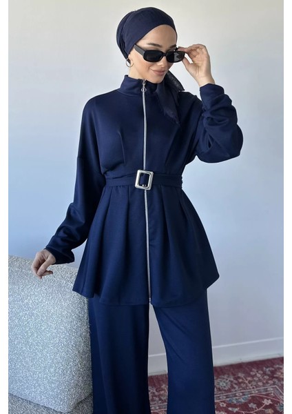 Ön Fermuarlı Pileli Tunik Bel Lastikli Pantolon Tesettür Ikili Takım P-00018989 modelleri