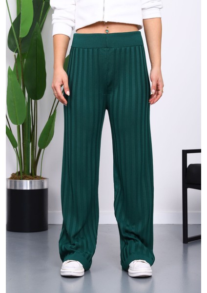 Zümrüt Yeşili Yüksek Bel Fitilli Bol Paça Triko Pantolon