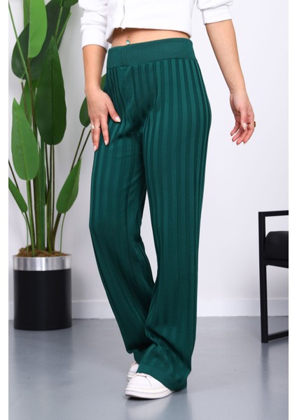 Zümrüt Yeşili Yüksek Bel Fitilli Bol Paça Triko Pantolon fiyatları