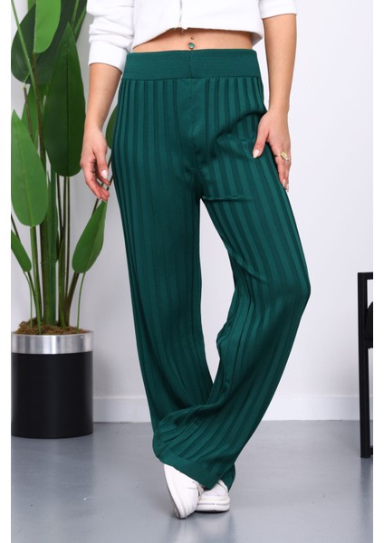 Zümrüt Yeşili Yüksek Bel Fitilli Bol Paça Triko Pantolon fırsatları
