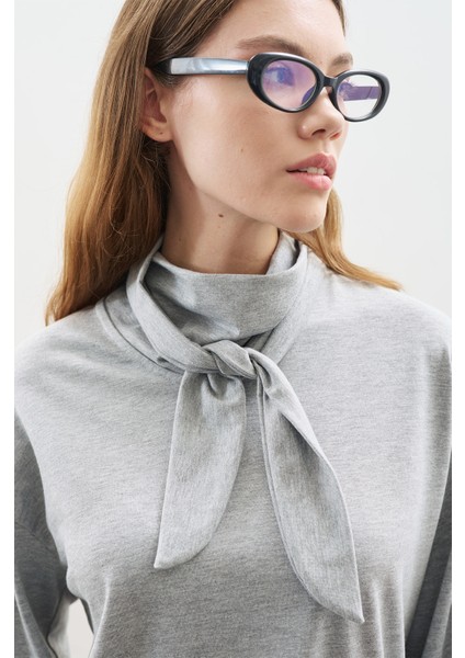 Yüksek Yaka Bağlamalı Bluz Gri Melanj fiyatları