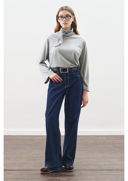 Yüksek Yaka Bağlamalı Bluz Gri Melanj modelleri