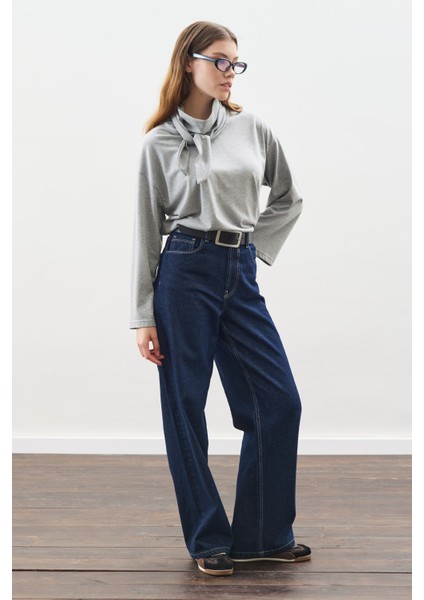 Yüksek Yaka Bağlamalı Bluz Gri Melanj fırsatları