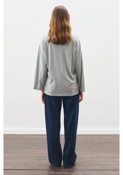 Yüksek Yaka Bağlamalı Bluz Gri Melanj