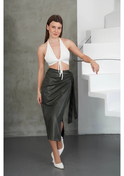 Kuşaklı Uzun Deri Etek Haki H26414 modelleri