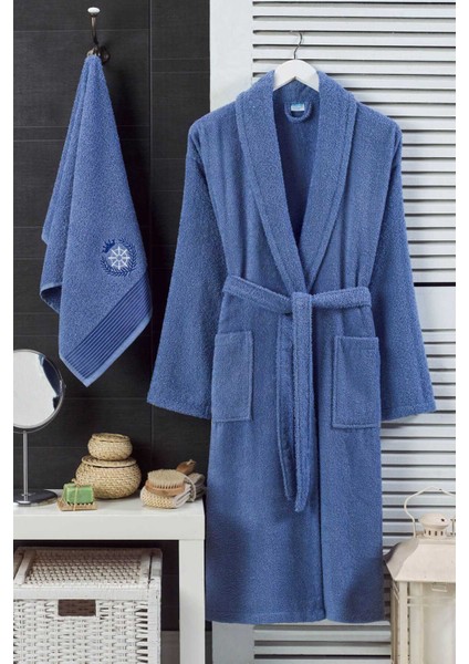 Erkek Havlulu Banyo Bornoz Takımı &AMP;#37;100 Pamuklu Lacivert