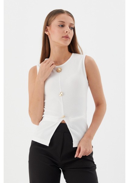 Tasarım Düğmeli Bluz Ekru