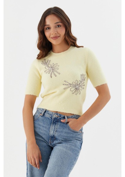 Işlemeli Kısa Kol Triko Bluz Sarı