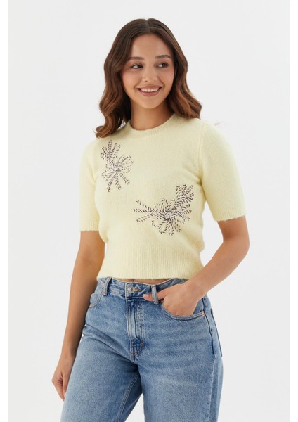 Işlemeli Kısa Kol Triko Bluz Sarı modelleri