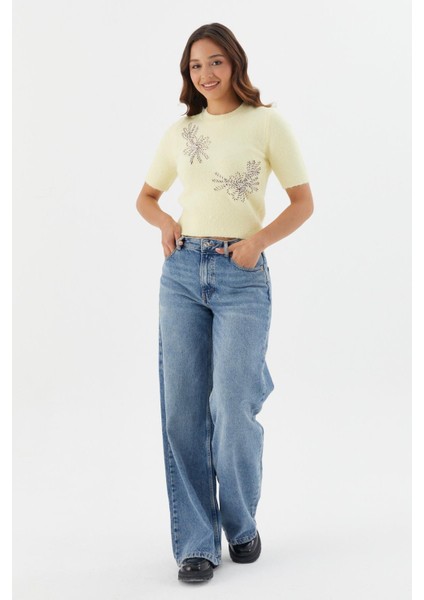 Işlemeli Kısa Kol Triko Bluz Sarı fırsatları