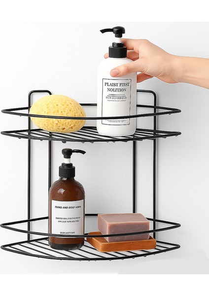 Siyah Iki Katlı Vidalı Duş Şampuanlık Köşe Rafı Banyo Organizeri Askılı Şampuanlık Düzenleyici