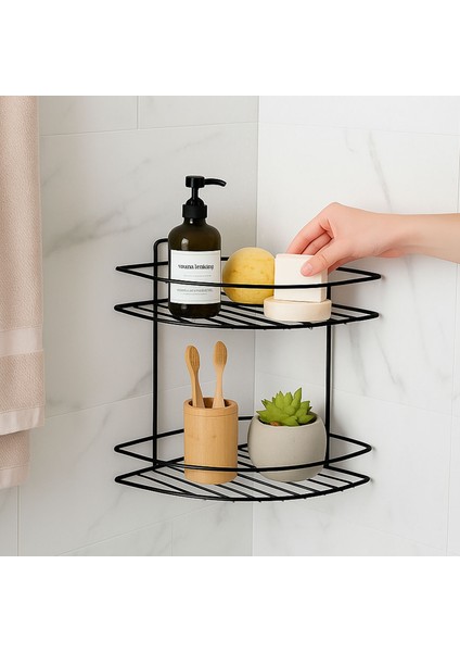 Siyah Iki Katlı Vidalı Duş Şampuanlık Köşe Rafı Banyo Organizeri Askılı Şampuanlık Düzenleyici fırsatları