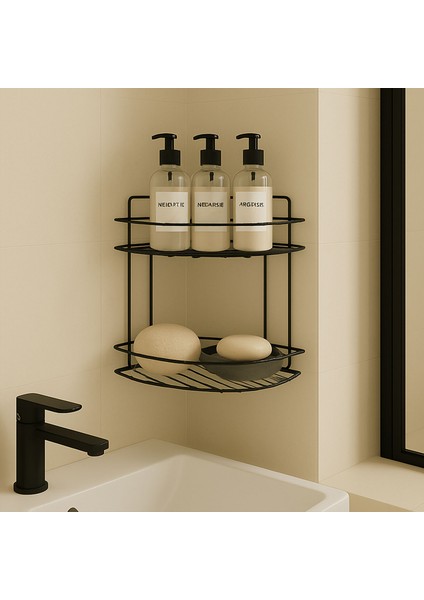 Siyah Iki Katlı Vidalı Duş Şampuanlık Köşe Rafı Banyo Organizeri Askılı Şampuanlık Düzenleyici indirimleri