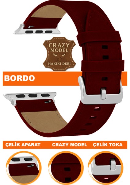 apple watch 1/2/3/4/5/6/se/7/8/9 (38-40-41mm) seri 10 /11 (42mm) uyumlu crazy deri saat kordonu kayışı l10hwc-bordo-sılver