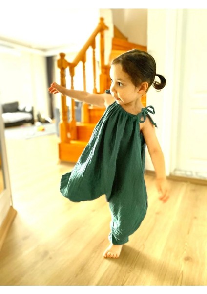 %100 Organik Çift Kat Müslin Kız Çocuk Şalvar Tulum