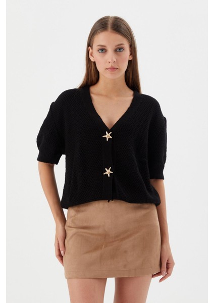 Yıldız Düğmeli Kısa Kol Hırka Sıyah