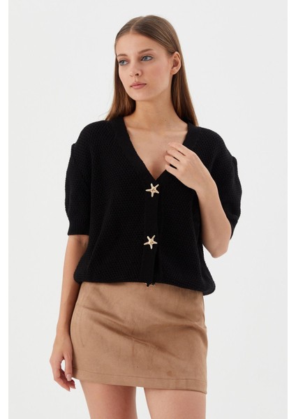 Yıldız Düğmeli Kısa Kol Hırka Sıyah modelleri