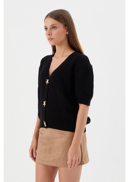 Yıldız Düğmeli Kısa Kol Hırka Sıyah fırsatları