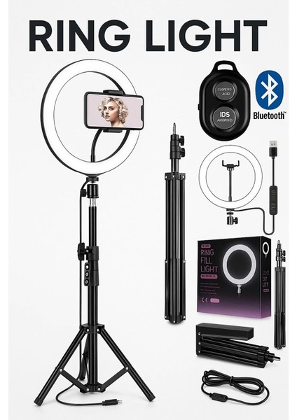 10 Inç(26 Cm) Kumandalı Youtuber, Selfie LED Işık ve 210 cm Tripod Kuaför, Makyaj Işığı Tiktok Işığı