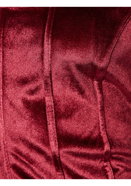 Kare Yaka Kolsuz Korse Detaylı Volanlı Mini Kadife Elbise