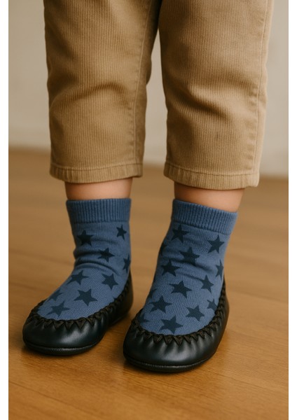 Çocuk Yıldız Desenli Makosen Soket Çorap Patik Panduf – Kaydırmaz Ev & Anaokulu Ayakkabısı Lacivert