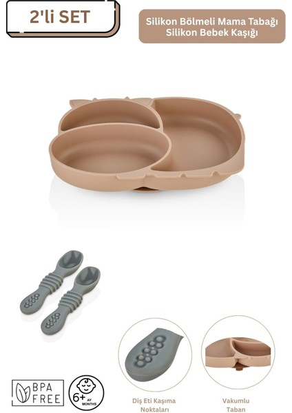 2'li Silikon Bebek Beslenme Seti / Bölmeli Mama Tabağı / Mama Kaşığı - Moka