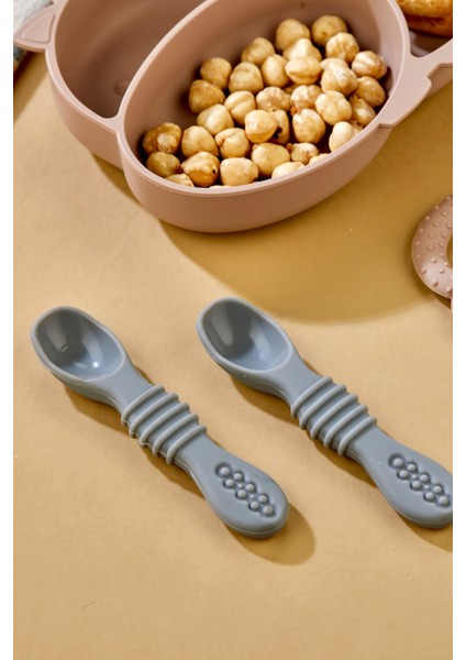 2'li Silikon Bebek Beslenme Seti / Bölmeli Mama Tabağı / Mama Kaşığı - Moka modelleri