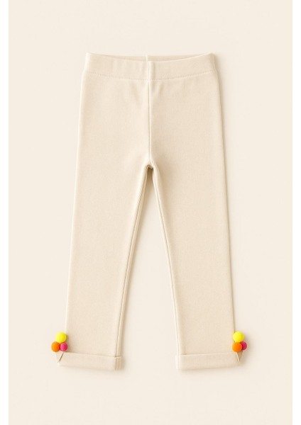 Kız Çocuk Dondurma Aksesuarlı Pamuklu Tayt Pantolon Krem