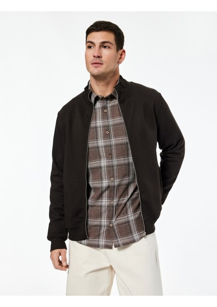 Şardonlu Uzun Kollu Cep Detaylı Basic Fermuarlı Hırka