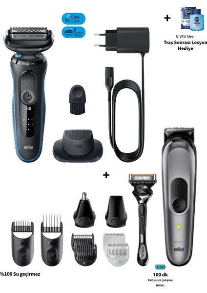 Erkek Bakım Seti Saç,sakal ve Vücut+Braun Yeni Seri Kablosuz Tıraş Makinesi+Taşıma Çantası