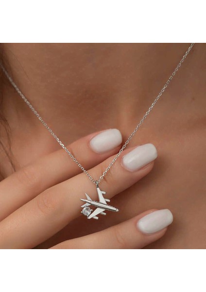 Gümüş Rodyum Tek Taşlı Uçak Kadın Kolye modelleri