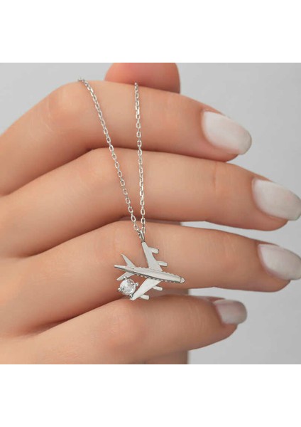 Gümüş Rodyum Tek Taşlı Uçak Kadın Kolye fırsatları